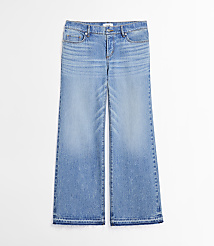 Light wash wide-leg jeans with a frayed hem lie flat against a plain white background. carousel Product Image 3
