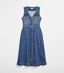 A sleeveless denim dress with a belted waist and button-down front is displayed against a plain white background. carousel Product Image 4