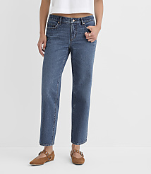 Rivete Petite Curvy Low Rise Straight Jeans in Medium Original Enzyme Wash carousel Product Image 1