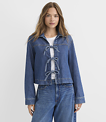 Petite Denim Bow Jacket in Authentic Dark Wash carousel Product Image 1