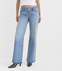 Rivete Petite Curvy Let Down Hem Low Rise Wide Leg Jeans in Aura Wash carousel Product Image 1