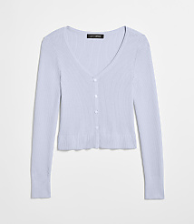 A light blue ribbed knit cardigan with white buttons lies flat against a plain white background. carousel Product Image 3