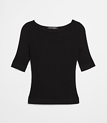 A black ribbed short-sleeved sweater with a boat neckline is displayed against a plain white background. carousel Product Image 3