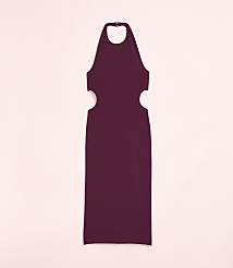 A burgundy halter neck dress with cutouts at the waist is displayed against a soft pink background. carousel Product Image 2