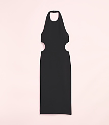 A black halter dress with cutouts on the sides is displayed against a soft pink background. carousel Product Image 4