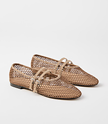 A pair of tan mesh ballet flats with double straps and buckle closures rests on a plain white background. carousel Product Image 1