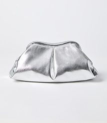 A silver metallic clutch bag with soft pleats sits on a plain white background. carousel Product Image 1