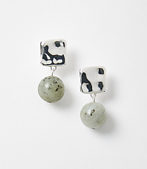 A pair of earrings with black and white patterned square tops and green speckled round beads hang against a plain white background. carousel Product Image 1