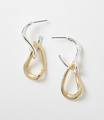 A pair of two-toned earrings with a silver hoop and a gold teardrop pendant hang against a plain white background. carousel Product Image 1