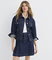 Petite Faux Leather Trim Denim Jacket in Classic Rinse Wash carousel Product Image 1