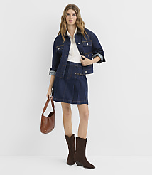 Petite Faux Leather Buckle Pleated Denim Mini Skirt in Classic Rinse Wash