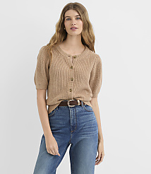 Petite Heathered Ribbed Puff Sleeve Cardigan carousel Product Image 1