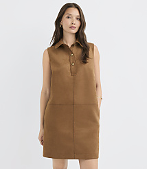 A woman in a brown suede shift dress stands against a plain white background. carousel Product Image 3