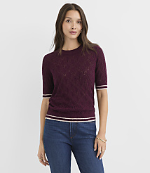 A woman in a burgundy, short-sleeved, textured sweater with striped cuffs and hem stands against a plain white background. carousel Product Image 1