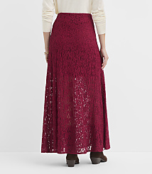 A person wearing a red lace maxi skirt and a cream sweater stands against a plain white background. carousel Product Image 3