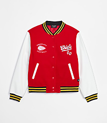 A red and white Kansas City Chiefs varsity jacket with "Chiefs 60" embroidered on the right chest is displayed against a plain white background. carousel Product Image 2