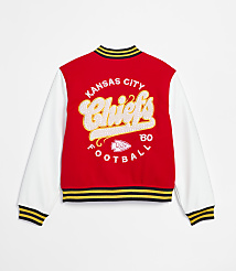 A red and white Kansas City Chiefs varsity jacket with "Chiefs Football '80" emblazoned on the back is displayed against a plain white background. carousel Product Image 3