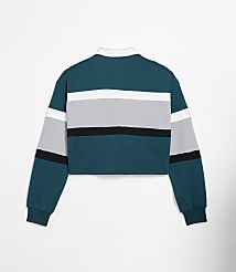 A cropped, long-sleeved rugby shirt with teal, white, gray, and black stripes is displayed against a plain white background. carousel Product Image 2