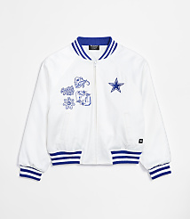 A white bomber jacket with blue trim and embroidered patches is displayed against a plain white background. carousel Product Image 1