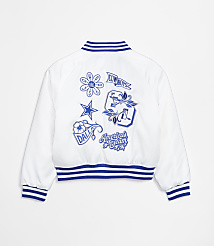 A white bomber jacket with blue trim and embroidered Dallas Cowboys patches is displayed against a plain white background. carousel Product Image 2