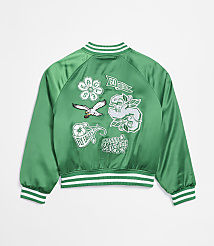 A green satin bomber jacket with various embroidered patches is displayed against a plain white background. carousel Product Image 3