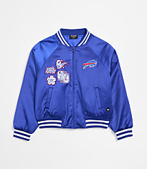 A blue satin bomber jacket with white striped cuffs and collar is displayed against a plain white background. carousel Product Image 1