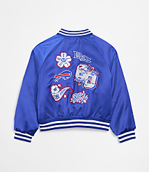 A blue satin bomber jacket with various Buffalo Bills patches is displayed against a plain white background. carousel Product Image 2