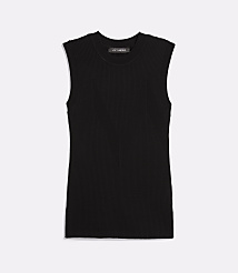 A black ribbed sleeveless top with a crew neck is centered on a plain white background. carousel Product Image 3