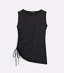 A black sleeveless top with a ruched side detail and drawstrings is presented against a plain white background. carousel Product Image 5