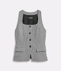 A sleeveless houndstooth vest with black buttons and a black lining is displayed against a plain white background. carousel Product Image 5