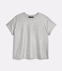 A grey, ribbed t-shirt with short sleeves is laid flat against a plain white background. carousel Product Image 5
