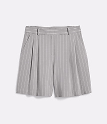 A pair of gray pinstripe shorts with pleats are laid flat against a plain white background. carousel Product Image 5