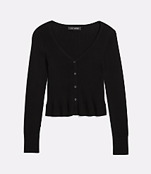 A black ribbed cardigan with a ruffled hem is displayed against a plain white background. carousel Product Image 5