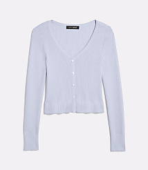 A light blue ribbed knit cardigan with white buttons lies flat against a plain white background. carousel Product Image 3