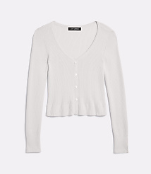 A white ribbed knit cardigan with a V-neck and button closure is laid flat against a plain white background. carousel Product Image 5