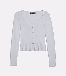 A light blue ribbed cardigan with a ruffled hem is displayed against a plain white background. carousel Product Image 3