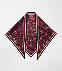 A maroon paisley-patterned silk scarf with a black and cream border lies flat against a plain white background. carousel Product Image 2