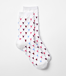 A pair of white socks with a diamond pattern of pink, blue, and maroon hearts are laid out on a plain white background. carousel Product Image 1