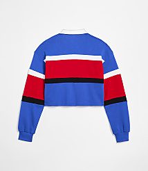 A cropped, long-sleeved rugby shirt with blue, white, and red stripes is displayed against a plain white background. carousel Product Image 2