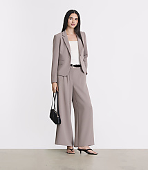 A woman in a taupe pantsuit and white top stands against a plain white background, holding a black clutch. carousel Product Image 1