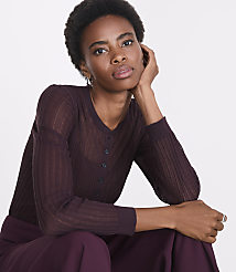 A woman in a sheer burgundy cardigan and matching pants rests her chin on her hand against a plain white background. carousel Product Image 2