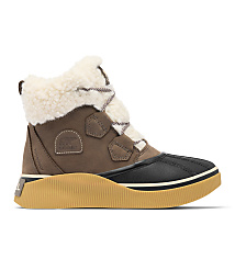 A brown, waterproof winter boot with a fluffy white lining and a tan sole is presented against a plain white background. carousel Product Image 3