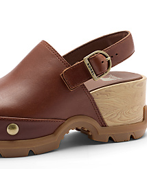 A brown leather clog with a wooden heel and a white background. carousel Product Image 4