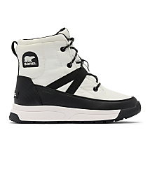 A white quilted winter boot with black accents and laces stands against a plain white background. carousel Product Image 3