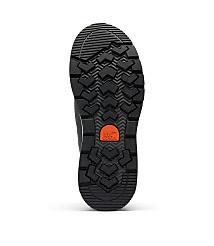 A black boot sole with a rugged tread pattern and an orange logo is centered against a plain white background. carousel Product Image 4