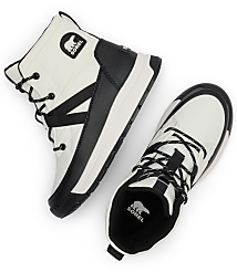 A pair of white and black Sorel boots with black laces are arranged on a white background. carousel Product Image 5