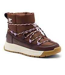 A brown Sorel winter boot with a white sole and gum rubber outsole is presented against a plain white background. carousel Product Image 1