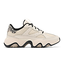 A cream-colored sneaker with black laces and a leopard-print heel tab rests on a plain white background. carousel Product Image 3