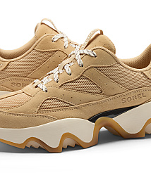 A pair of tan suede and mesh Sorel sneakers with chunky cream and tan soles are displayed against a plain white background. carousel Product Image 6