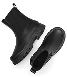 A pair of black leather Chelsea boots with thick soles are laid out on a plain white background. carousel Product Image 5